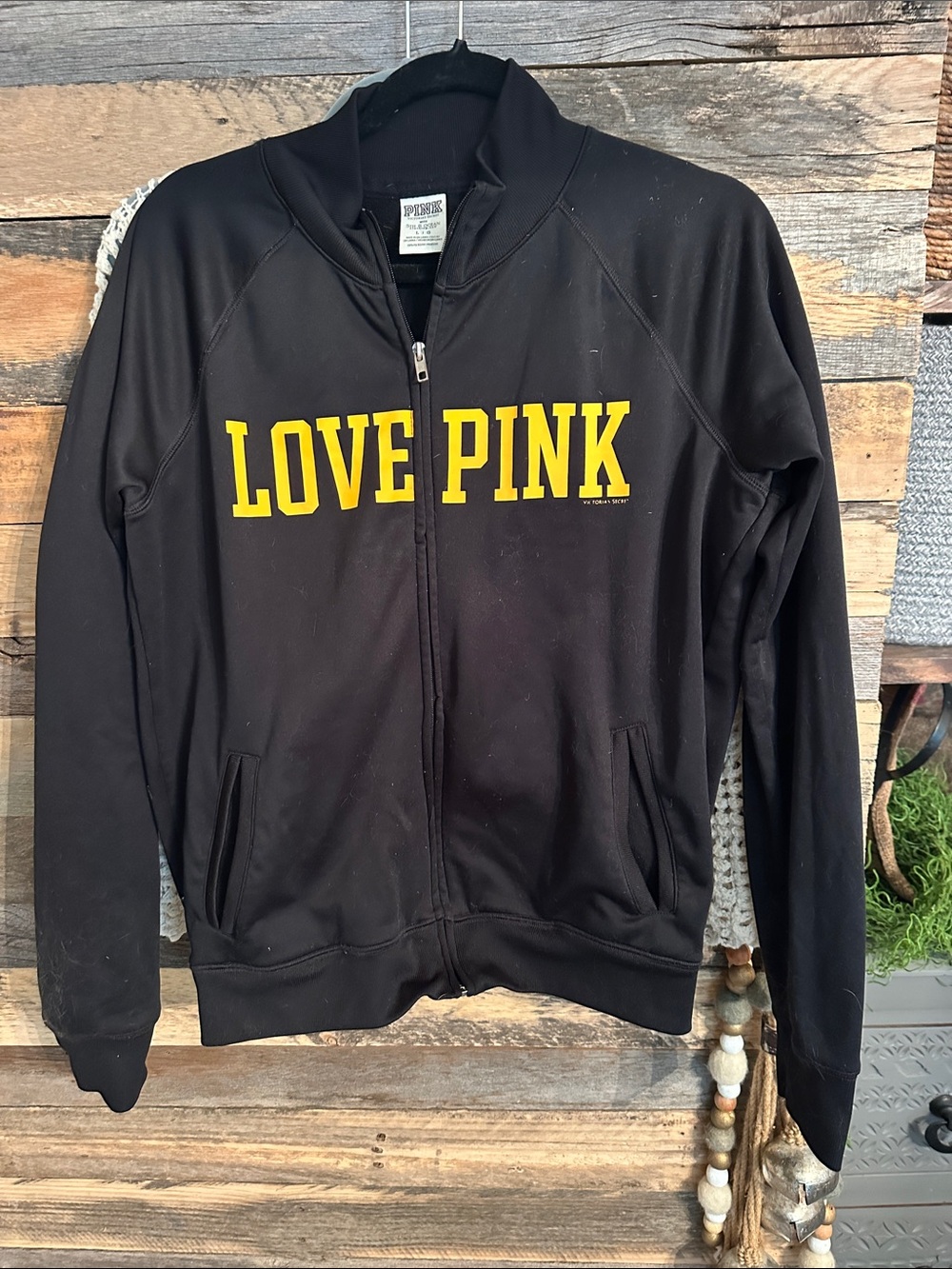 PINK Victoria's Secret Black Zip-Up Jacket with Yellow LOVE PINK Logo